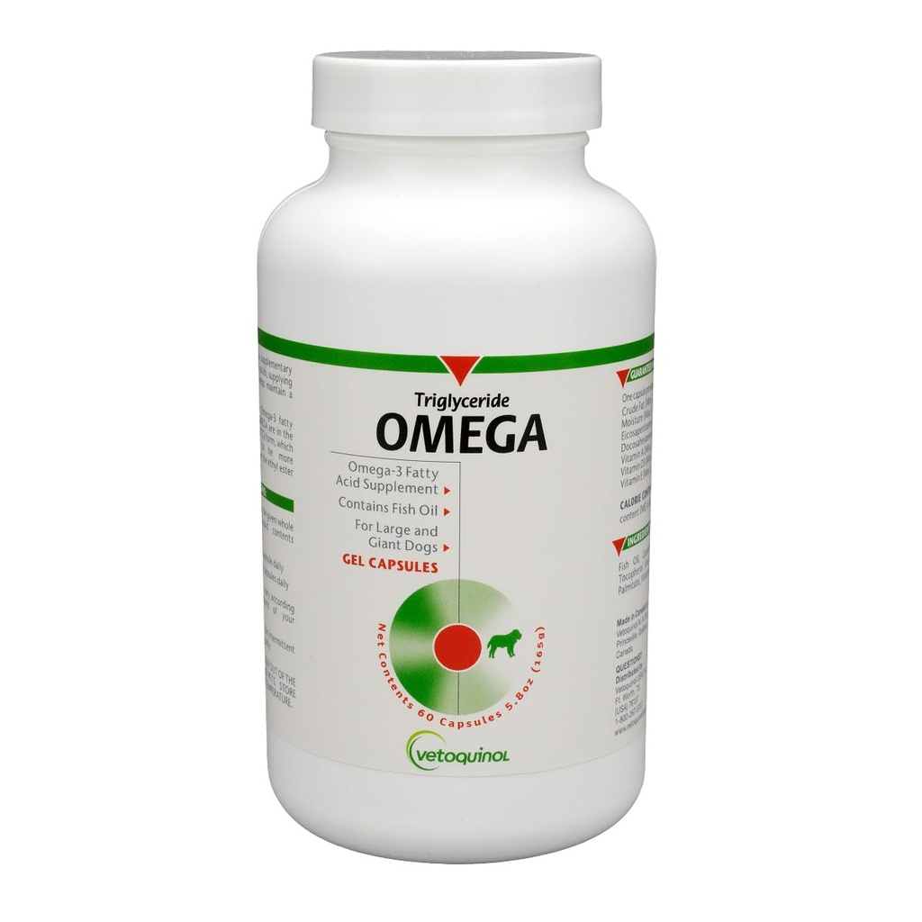 Vétoquinol Triglycéride Omega 3 supplément pour les grands chiens, supplément d'huile de poisson de chien avec EPA et DHA, favorise la peau, le manteau, les articulations et la santé immunitaire, Omega 3 huile de poisson pour chiens 60lbs ou plus, 60ct