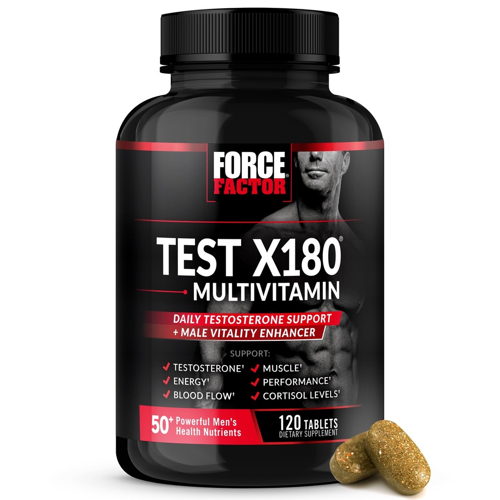 FORCE FACTOR Test X180 Multivitamine, supplément de booster de testostérone pour les hommes, soutien musculaire, force, performance et vitalité, 50+ nutriments pour les hommes Santé et tous 13 vitamines essentielles, 120 comprimés
