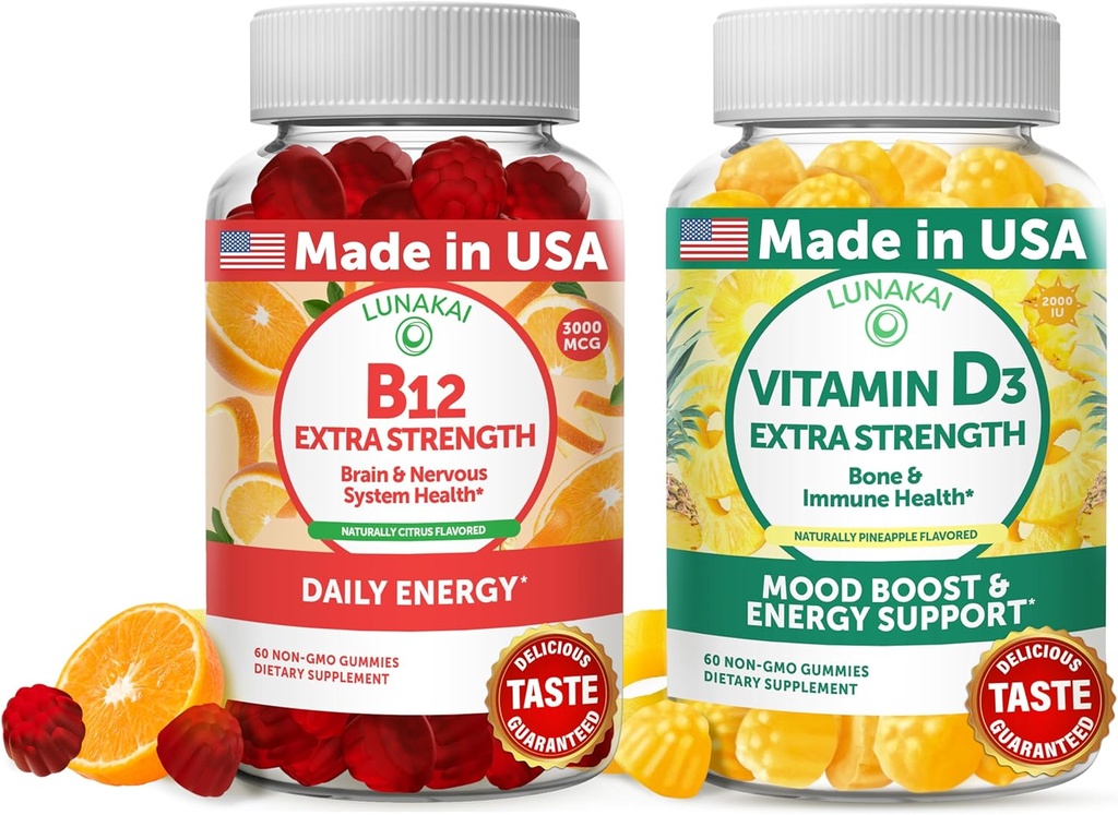 Lunakai Vitamine B12 en vitamine D3 Gummies Bundle - 3000 mcg B12 en 25 mcg 1000 UI VIT D3 - Glutenvrij, Geen maïssiroop, Biologische, Niet-GMO, Plant Gelatinevrij