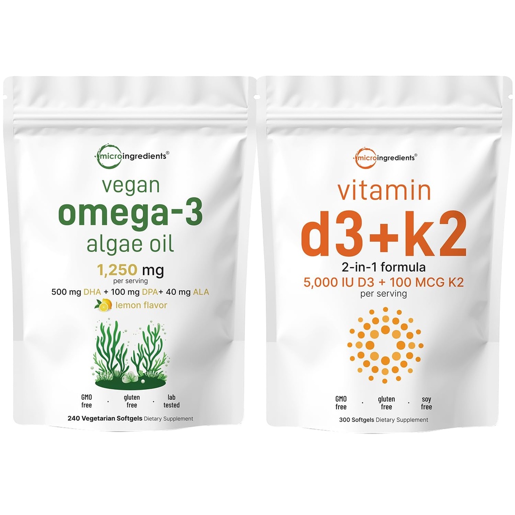 Micro Ingrediënten Vitamine D3 5.000iu + K2 100mcg Softgels & Vegan Omega 3 Algenolie Supplement Bundel 2 Pack 