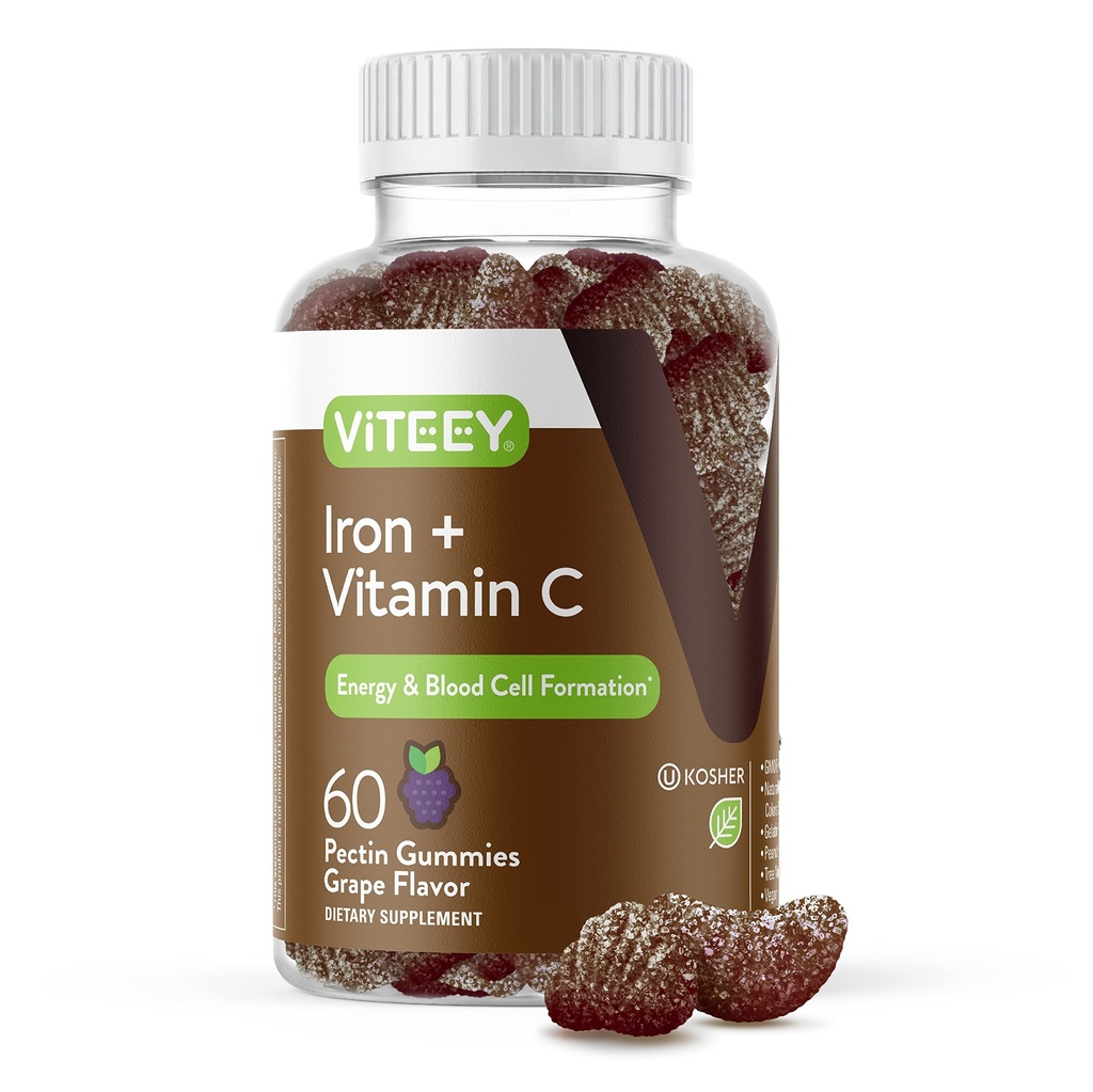 Gummies de fer Viteey - Fer à la vitamine C - Supplément énergie, soutien de bottes et anémie pour les femmes et les hommes - Vegan, sans gluten - 60 Compte