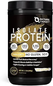 TARGET NATURE Poudre de protéines Isolée de Whey, non aromatisée, 25g de protéines, poudre de protéines à faible teneur en glucides, sans sucre, pour les hommes et les femmes, 5,5g BCAA, riche en fibres et minéraux, 1,1 livre (500g)