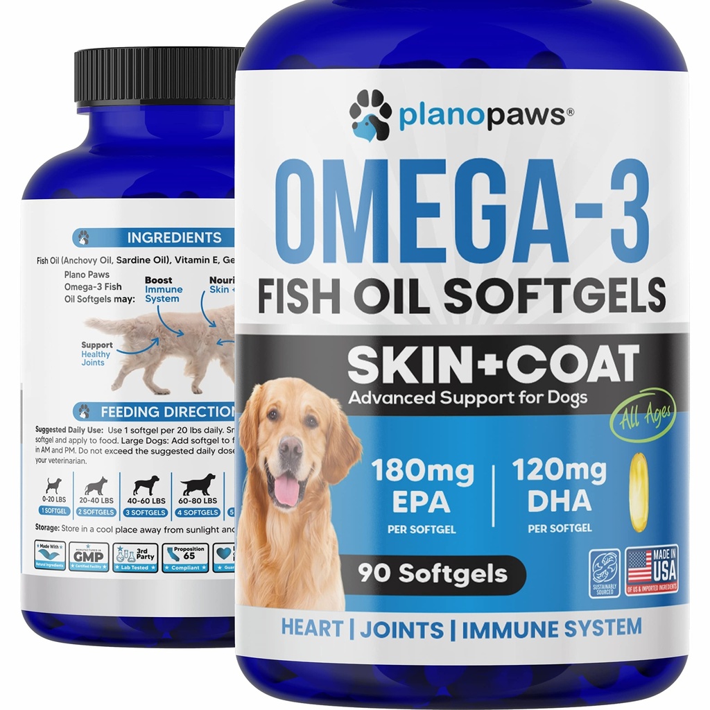 Omega 3 Visolie voor honden - Zalmolie voor honden - Hond Visolie supplement Kan helpen vergieten, Allergie, jeuk Relief - Ondersteunt droge huid, gewrichten - Hondenhuid en jas supplement - 90 Visolie pillen EPA DHA