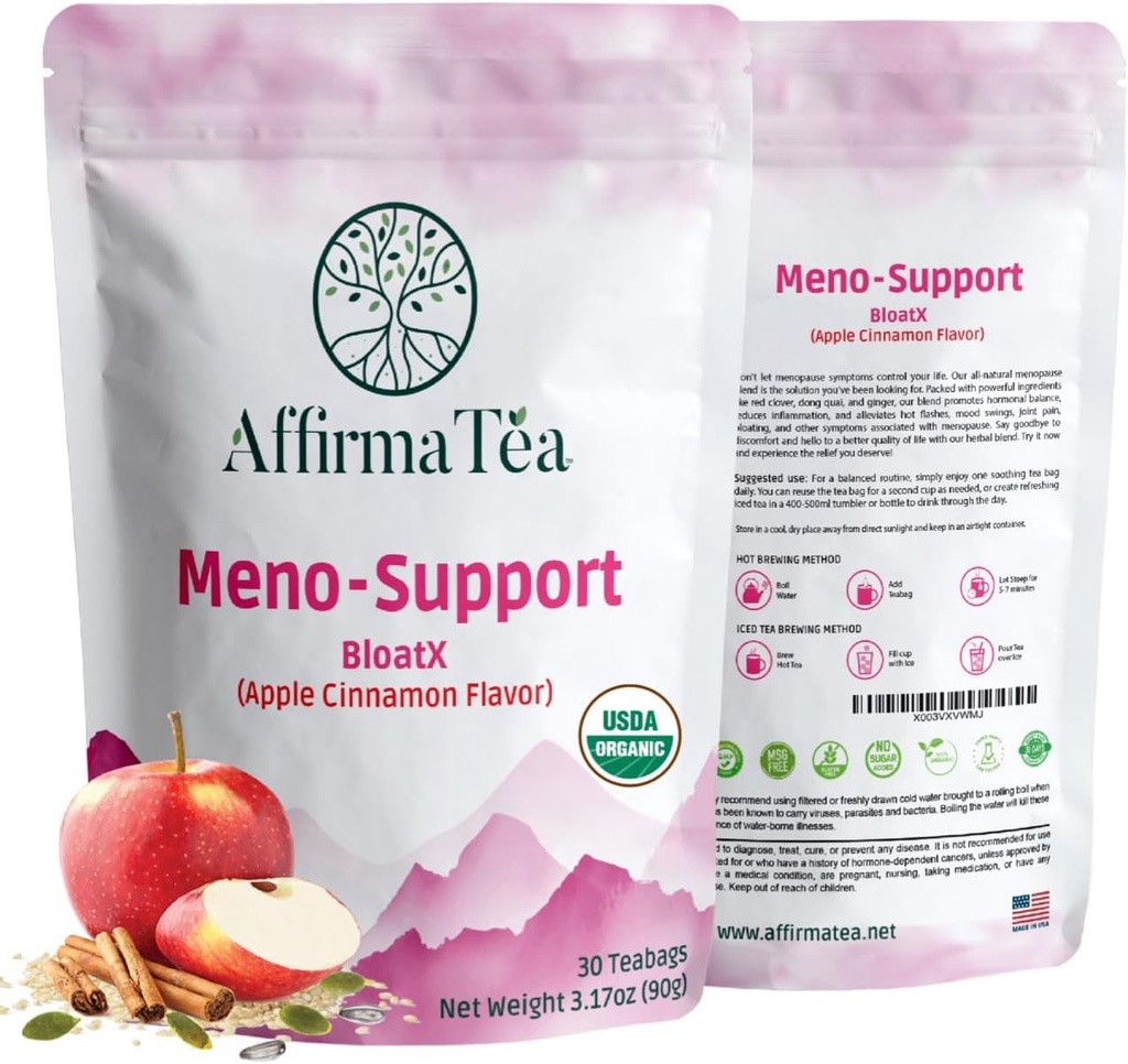 Meno-Support BloatX Organic Menopauze Relief: Balances & supports Hot Flashes, Hormones, Moods Swings, Night Sweats, & Bloating W/Black Cohosh, Red Clover & Dong Quai. Natuurlijke appel-kaneel smaak.
