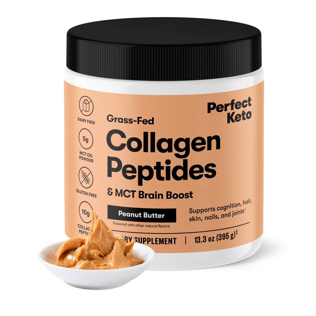 Perfect Keto Collageen Peptides Proteïnepoeder met MCT olie, Gehydrolyseerde Collageen, Type I & III Supplement, Glutenvrije Gras Fed, Low Carb, Keto Coffee Creamer, Collageen voor vrouwen en mannen, Pindakaas