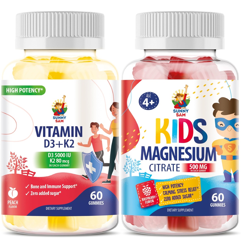 Gommies de magnésium pour enfants et vitamines D3 K2 Gommies 5000 UI - Soutien immunitaire et os - Supplément de vitamine D sans sucre - Gommies à haute absorption, végétaliens, sans gluten pour adultes