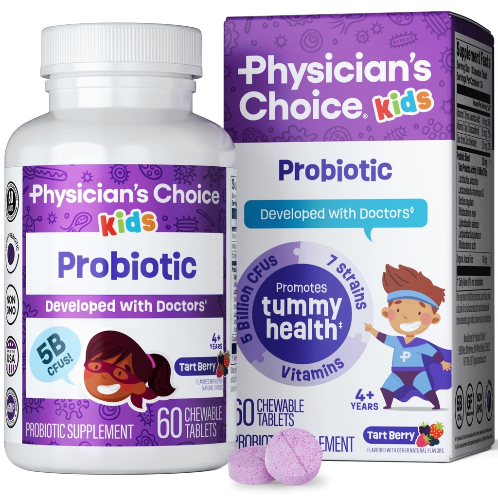 CHOIX du médecin Probiotiques pour les enfants - 7 souches variées, prébiotiques organiques, vitamines et minéraux - cliniquement étudié L. Rhamnosus - Immune et soutien digestif - Pas de sucre ou de colorant artificiel - 60ct