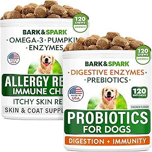 Soin anti-allergie + Probiotiques pour chiens Nourriture - Omega 3 + Citrouille + Enzymes pour le soulagement de la peau démangeaison + Enzymes digestifs + Prébiotiques pour le gaz, la diarrhée, la constipation, le soulagement de l'estomac