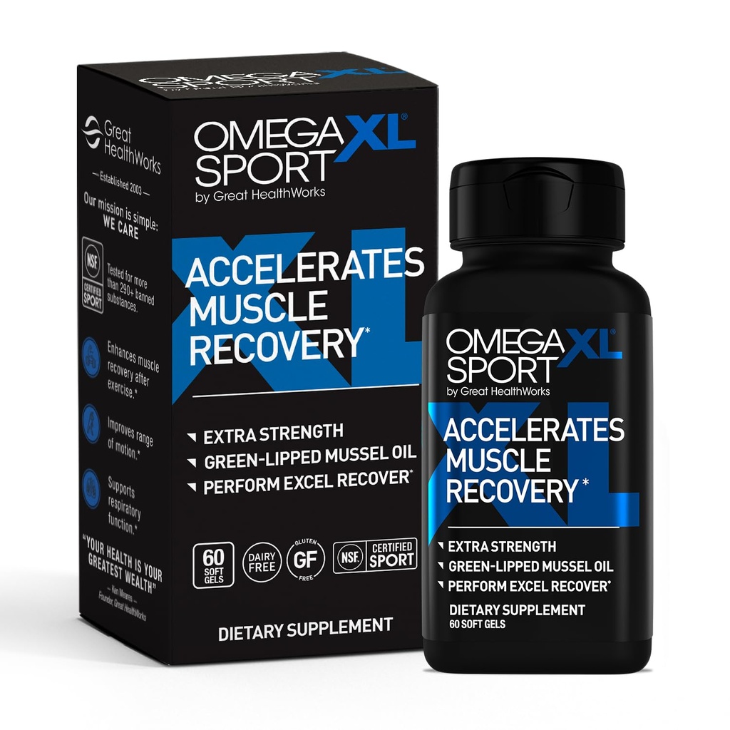 OmegaXL Sport Extra sterkte spierherstel supplement en ademhalingsondersteuning supplement - verbetert DOMS en ROM, klinisch ondersteund Green-Lipped Mussel Oil (60 Softgels)