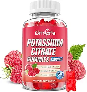 Citrate de potassium Gummies, supplément de potassium élevé Gummies 1200mg Soutien Crampes de jambe et santé musculaire, Gommies de potassium pour adultes et enfants, végétalien, framboise parfum 60 comte