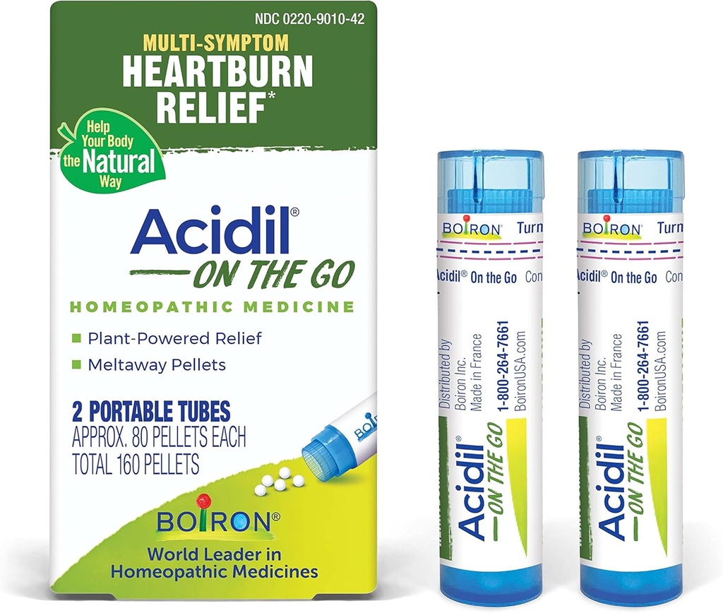 Boiron Acidil On The Go Travel Essential for Relief of Acid Reflux, Heartburn, Indigestie, Bloating, and Upset Mtomach - 2 Tellen (160 Pellets)