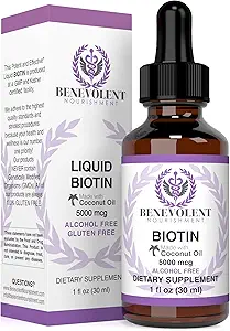 Biotine liquide Benevolent 5000 mcg - Infusé avec de l'huile de coco pour 5X Absorption, Biotine Non-GMO & Vegan Friendly pour la croissance des cheveux Glowing Peau et des ongles forts, produits de croissance des cheveux, supplément de biotine