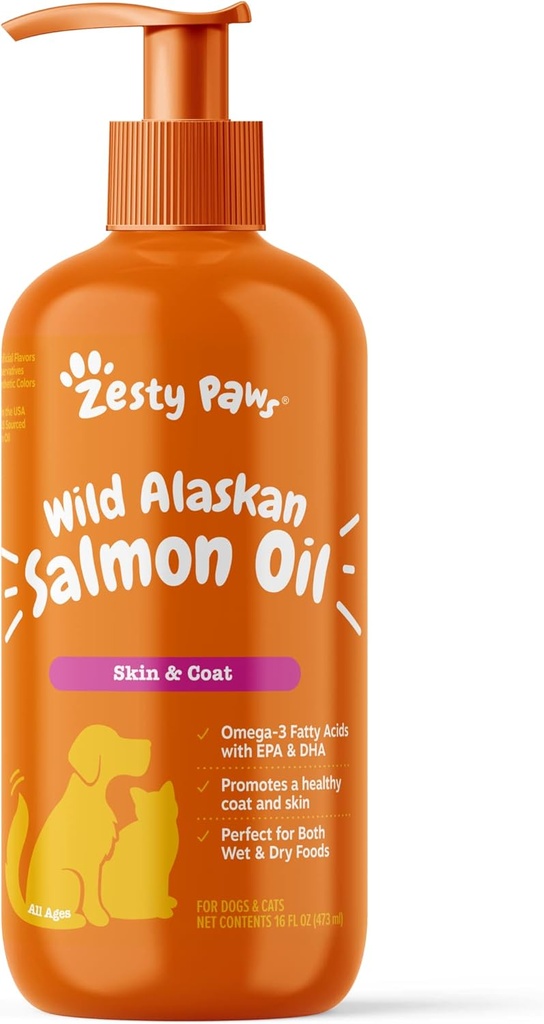 Zesty Paws Wild Alaskan Salmon Oil for Dogs and Cats- Skin and Coat Support, Omega 3 Supplément pour animaux de compagnie, 16oz, Pump Top