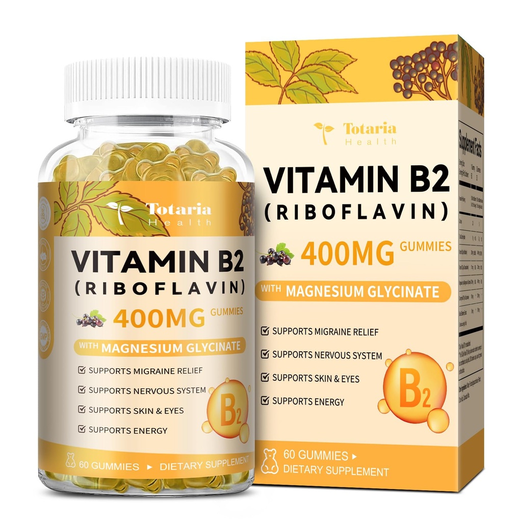 Totaria Vitamine B2 Gummies, Suikervrij Riboflavine 400 mg Supplement voor volwassenen en kinderen met magnesium Glycinate 400 mg, COQ10 & Vlierbessen, Skin & Nervus System Support, Non-GMO, 60 Gummies