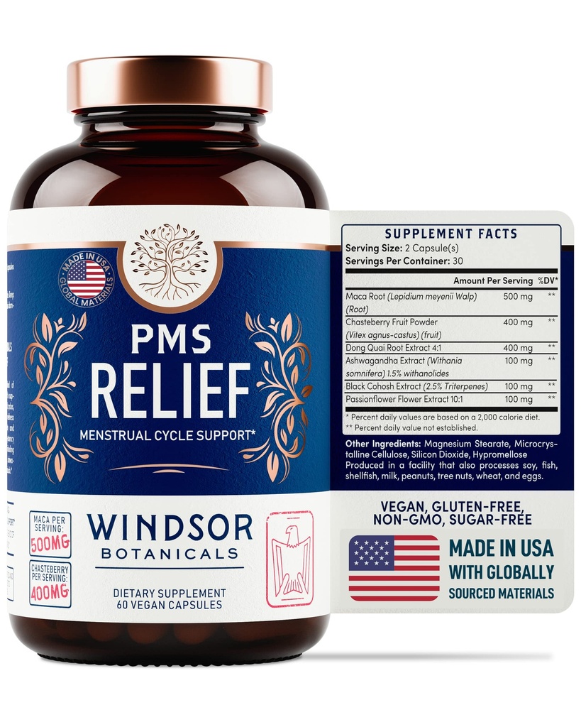 PMS Ondersteuning Supplement voor vrouwen met kuifbes, Maca Root, Ashwagandha - Periode Relief, Bloating Relief voor vrouwen, Mood Support, Hormone Balance Kruidensupplementen - 30 Dag, 60 Vegan Capsules