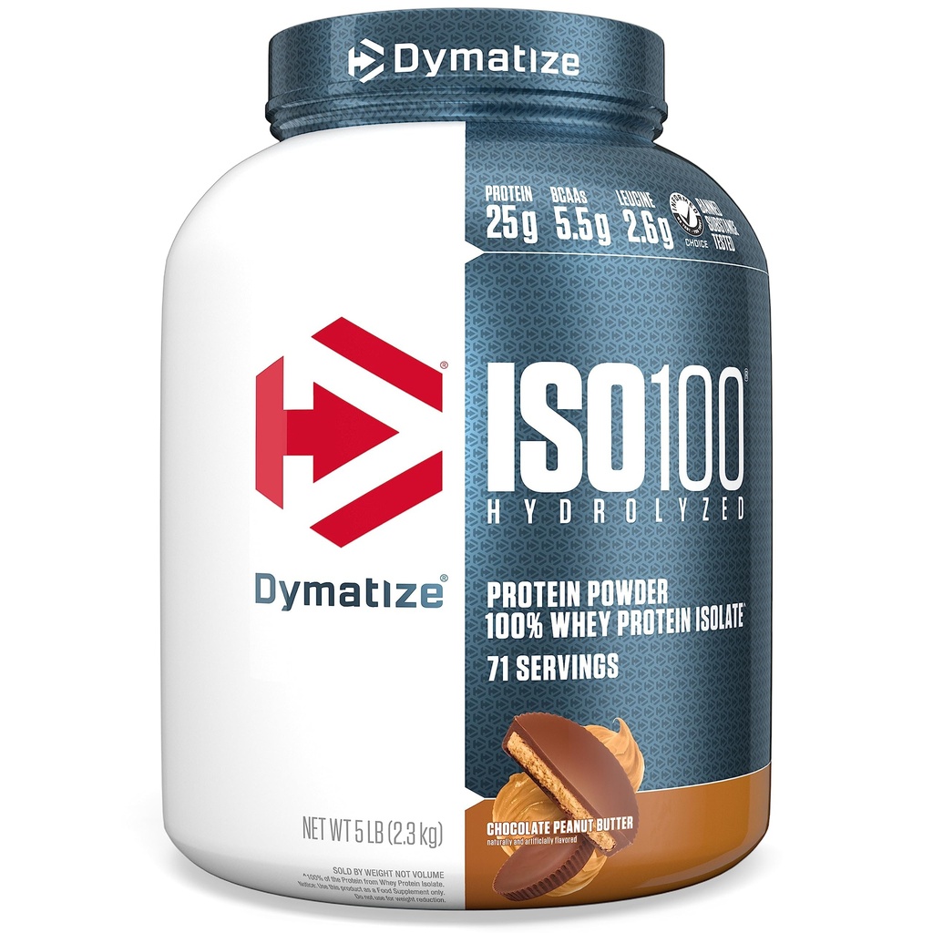 Dymatiseren ISO100 Wei Proteïnepoeder Isolaat, Chocolade Pindakaas, 25 g eiwit, 5 pond, 5.5 g BCAA's, minder dan 120 g Cal., Glutenvrij, 1 g vet, 1 g suiker, 2 g Carb (71 porties)