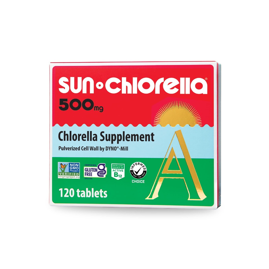 Sun Chlorella 500mg Supplément super-aliment aux algues vertes pour le bien-être du corps entier - Immune Defense, Gut Health, Natural Purification, Energy Boost - Chlorophylle, B12, Fer, Protéines - Non-OGM - 120 comprimés