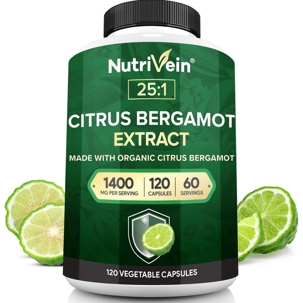 Nutrivein Premium Citrus Bergamot Supplement 1400mg 25:1 Bergamia Extract - 60 Day Supply (120 Capsules): Krachtige Italiaanse Citrus Bergamot 1400 mg+ Hoge concentratie - Hart- en circulatiesysteem