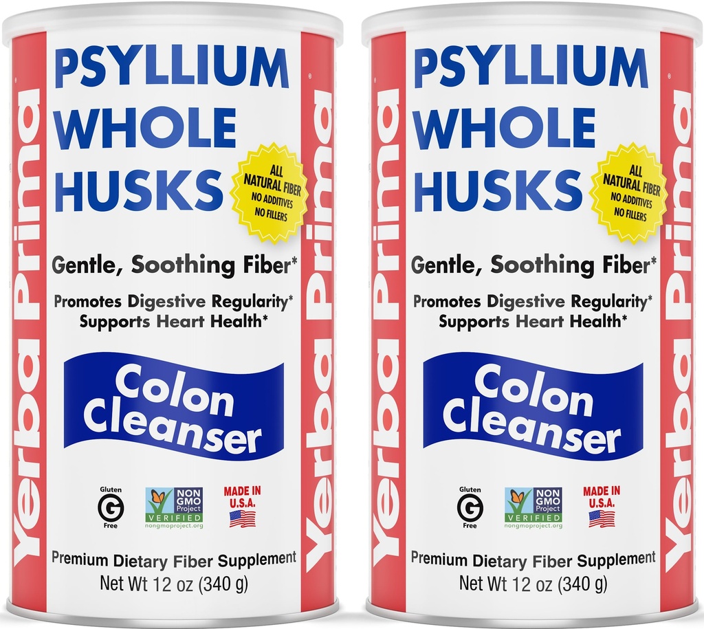 Yerba Prima Psyllium Whole Husks, Colon Cleanser 12 oz (pakket van 2) - Alle natuurlijke dieetvezels, Pure Premium Psyllium, Lab-geteste non-GMO, Glutenvrije vezels, Made in The USA