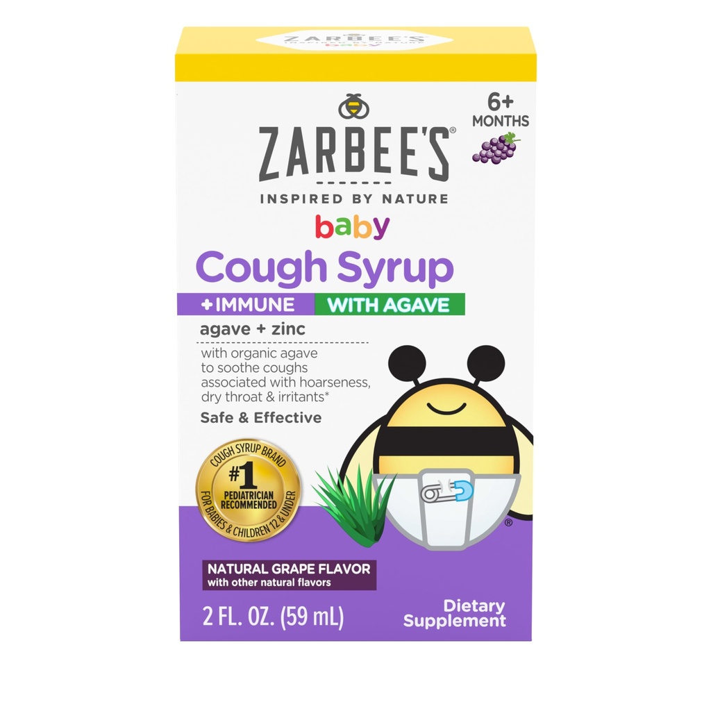 Zarbee's Baby Hoest Siroop + Immune met Biologische Agave + Zink; Natuurlijke Druivensmaak; voor Baby's 6+ Maanden, 2 Fl Oz(Pack of 1)