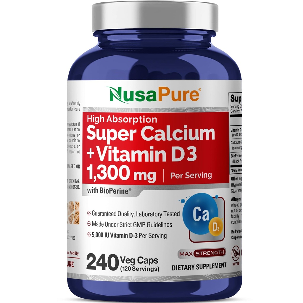 NusaPure Super Calcium 1300mg, Vitamine D3-240 Veggie Caps (Non-GMO, Soyfree, Bioperine)