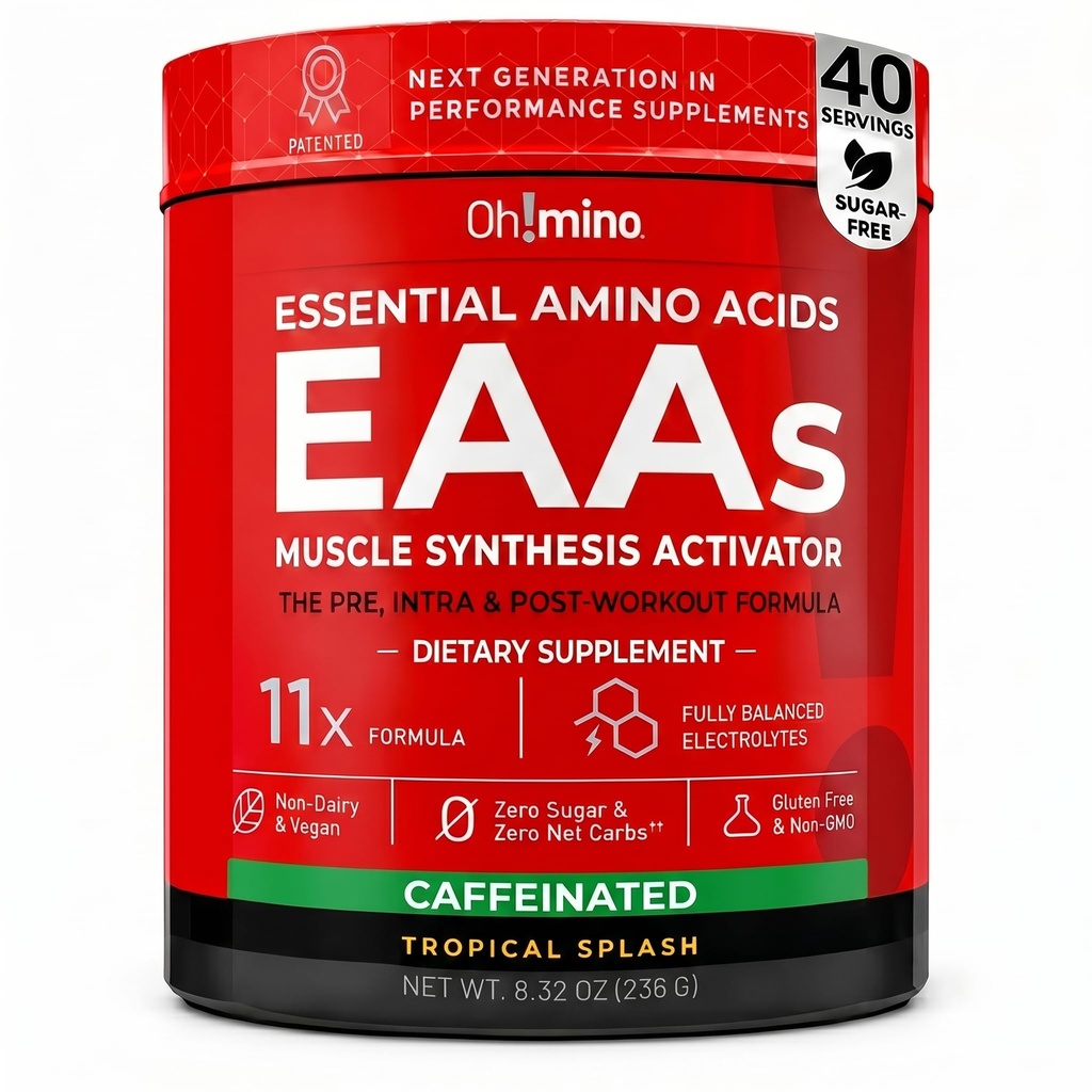 Oh!mino Essential Amino Acids Supplement. Tropical Splash, Cafeeinated Powder. Alle 9 EAA's, BCAA's en de perfecte Amino voor workouts, Amino Energy, en om spieren te bouwen en sneller te herstellen.