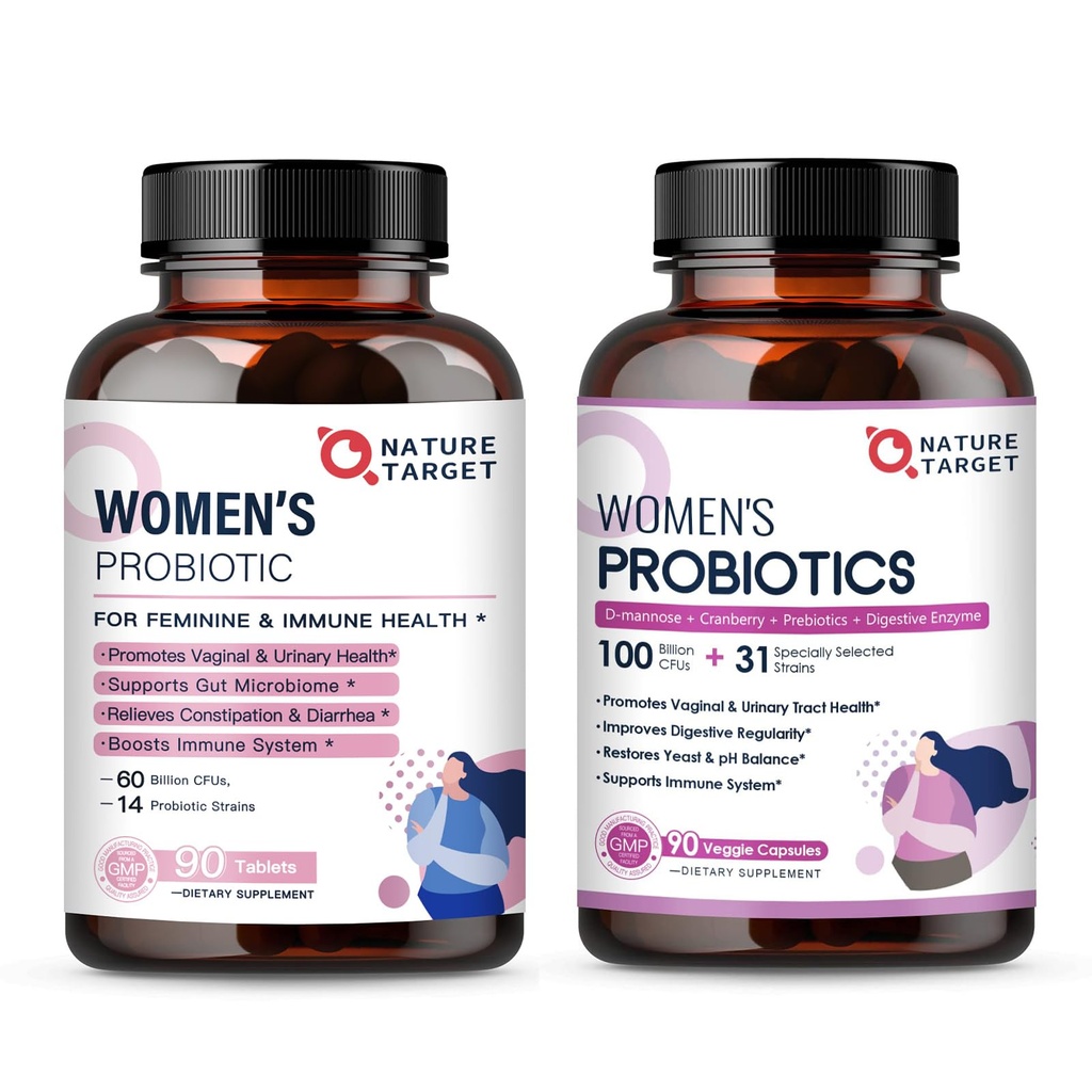 NATURE TARGET Probiotiques et prébiotiques pour les femmes, canneberges et mannose D, 50-Billions d'UCF, probiotiques organiques pour la santé digestive/santé digestive/stimulateur immunitaire/gestion du poids