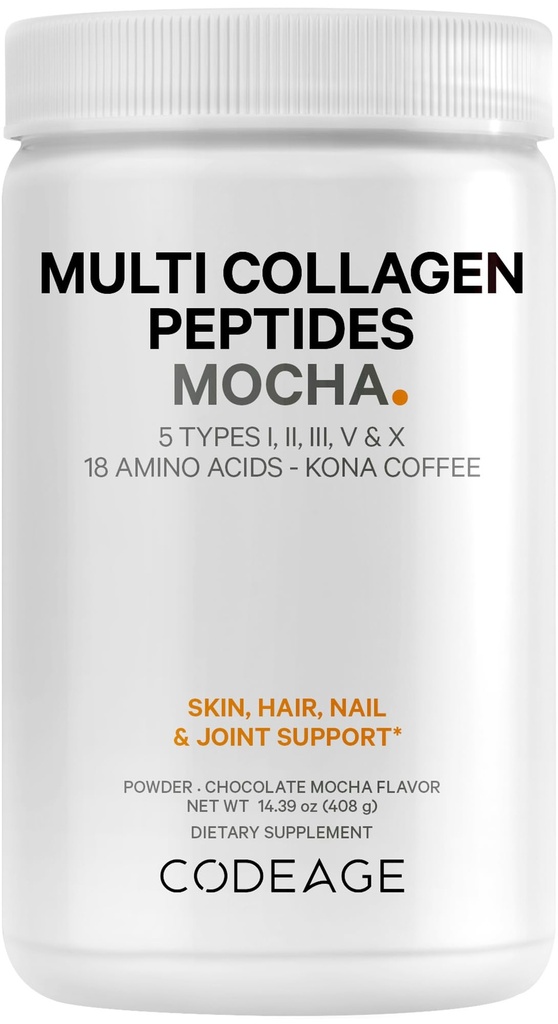 Codeage Multi Collageen Peptides Proteine Powder - Chocolate Mocha Instant Coffee - Gourmet Knoa Coffee Drink & Shake - Collageen Type I, II, III, V & X - Grass-Fed, Hydrolyzed, Non-GMO - 14.39oz