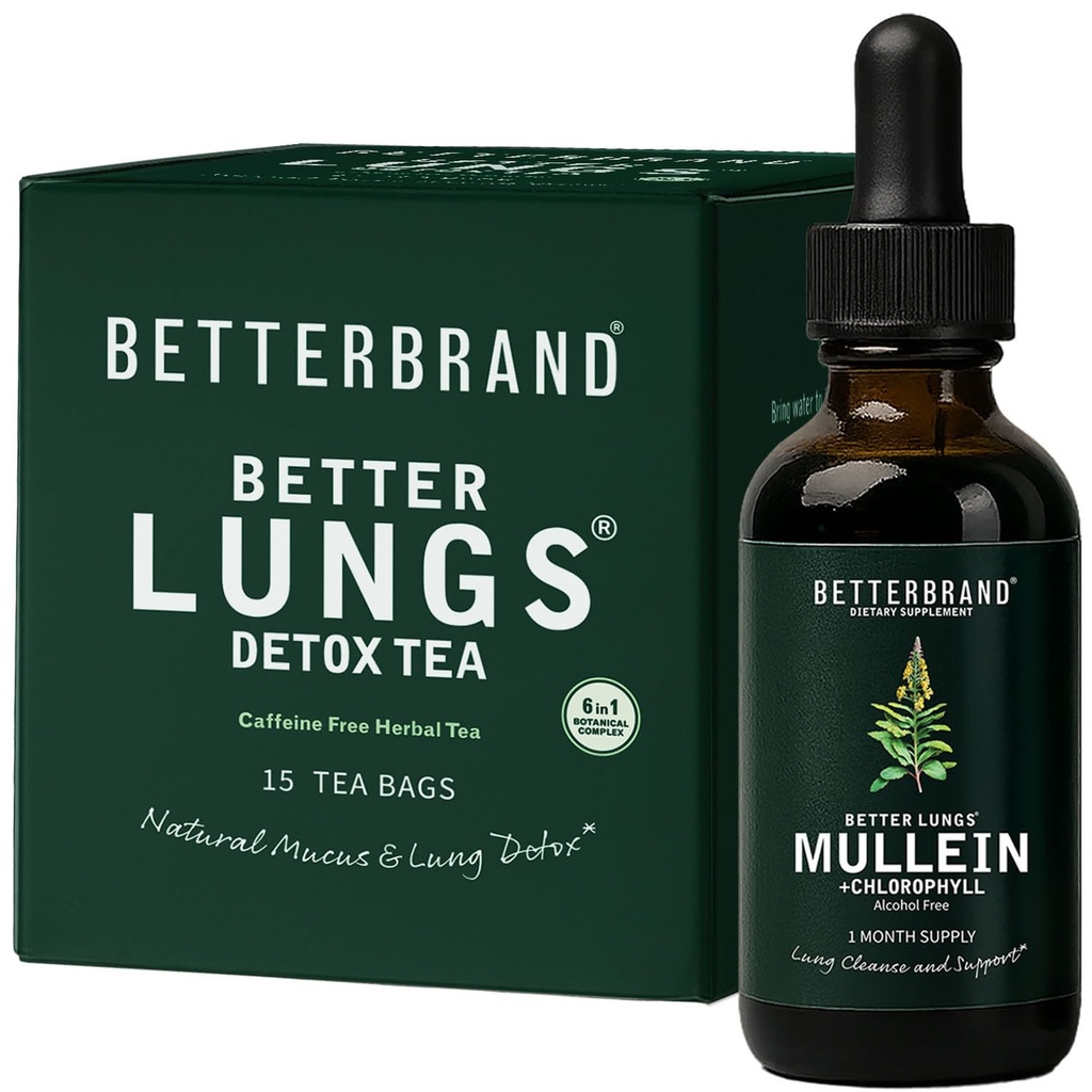 Betterbrand BetterLungs Health Pack - Better Longs Detox Tea & Mullein Leaf Tincture Drops 2 Daily Respiratory Wellness