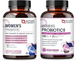 NATURE TARGET Vrouwenprobiotica en prebiotica, Cranberry & D-Mannose, 50 miljard-CFU's, Organische Probiotica voor de spijsvertering van de gezondheid/Gut Health/Immune Booster/Gewichtsbeheer