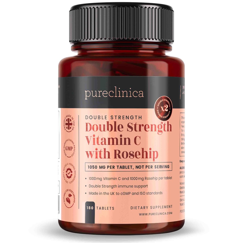 Pureclinica Vitamine C met Rosehip 2000mg (1000mg VIT C & 1000mg Rosehip Extract) x 180 tabletten - 6 maanden Levering!