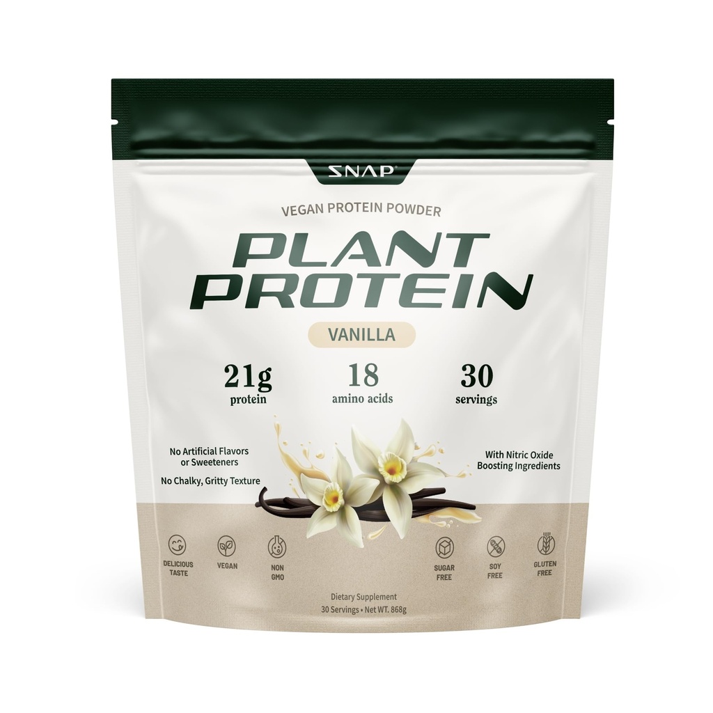 Snap Supplementen Biologische Plant Based Vegan Protein Poeder Nitrik Oxide Boosting Protein Powder, Vanilla Bean, BCAA Amino Acid for Muscle Growth, Performance & Recovery - 30 Servings (Vanilla)