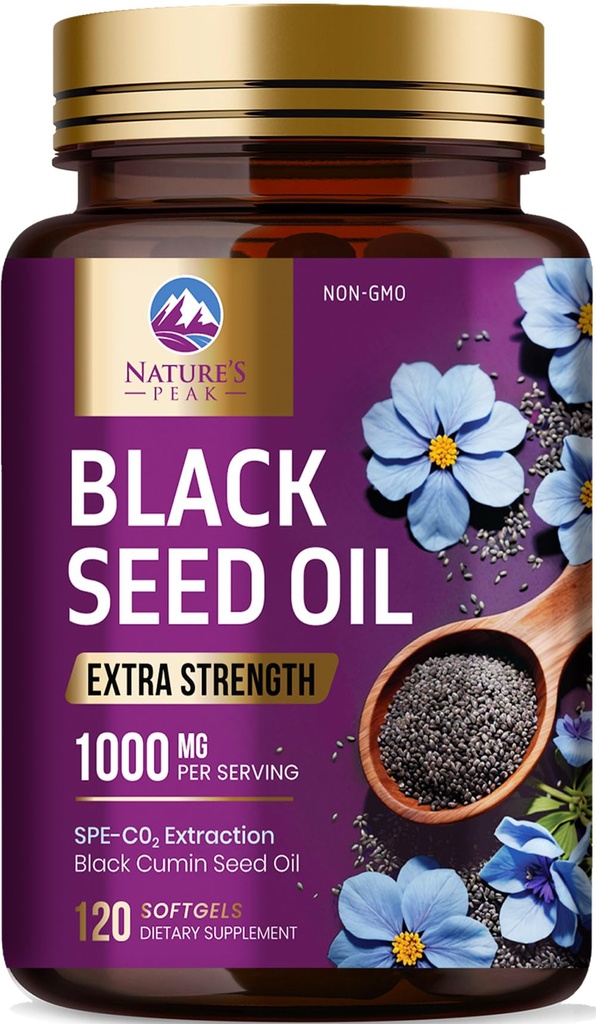 Black Seed Oil 1000mg - Premium Extra Strength Nigella Sativa Black Seed Oil - Black Seed Oil Skin, Digestive Health & Immune Support - Non-OGM Antioxydant, Supplément sans gluten - 120 Softgels