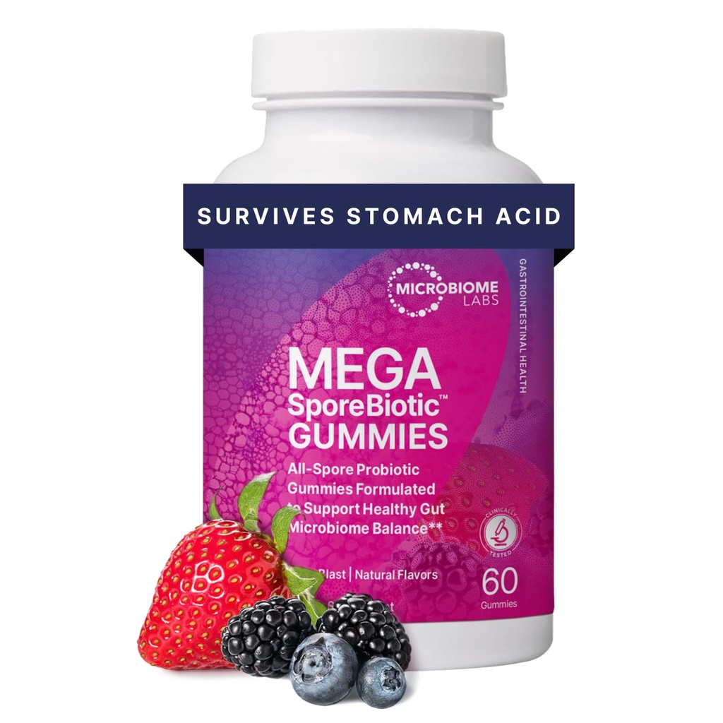 Microbiome Labs Spore gebaseerd Probiotic Gummies voor vrouwen, mannen en kinderen - MegaSporeBiotic Gummies - 4 Bacillus Probiotics for Digestief Health & Microbiome Support - Berry Flavor (60 Gummies)