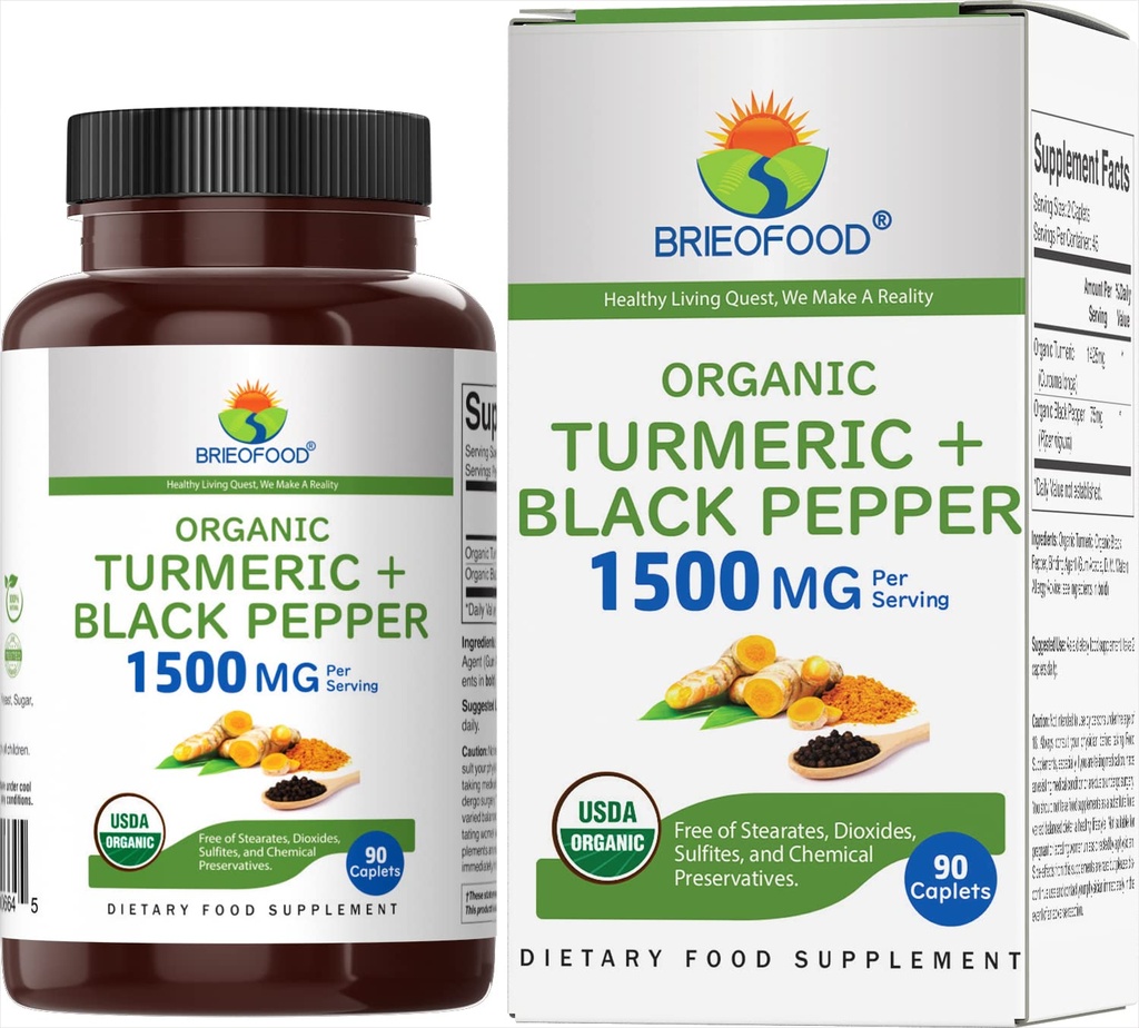 Brieofood Biologische Kurkuma met zwarte peper 1500mg, 45 porties, vegetarisch, glutenvrij, 90 vegetarische tabletten