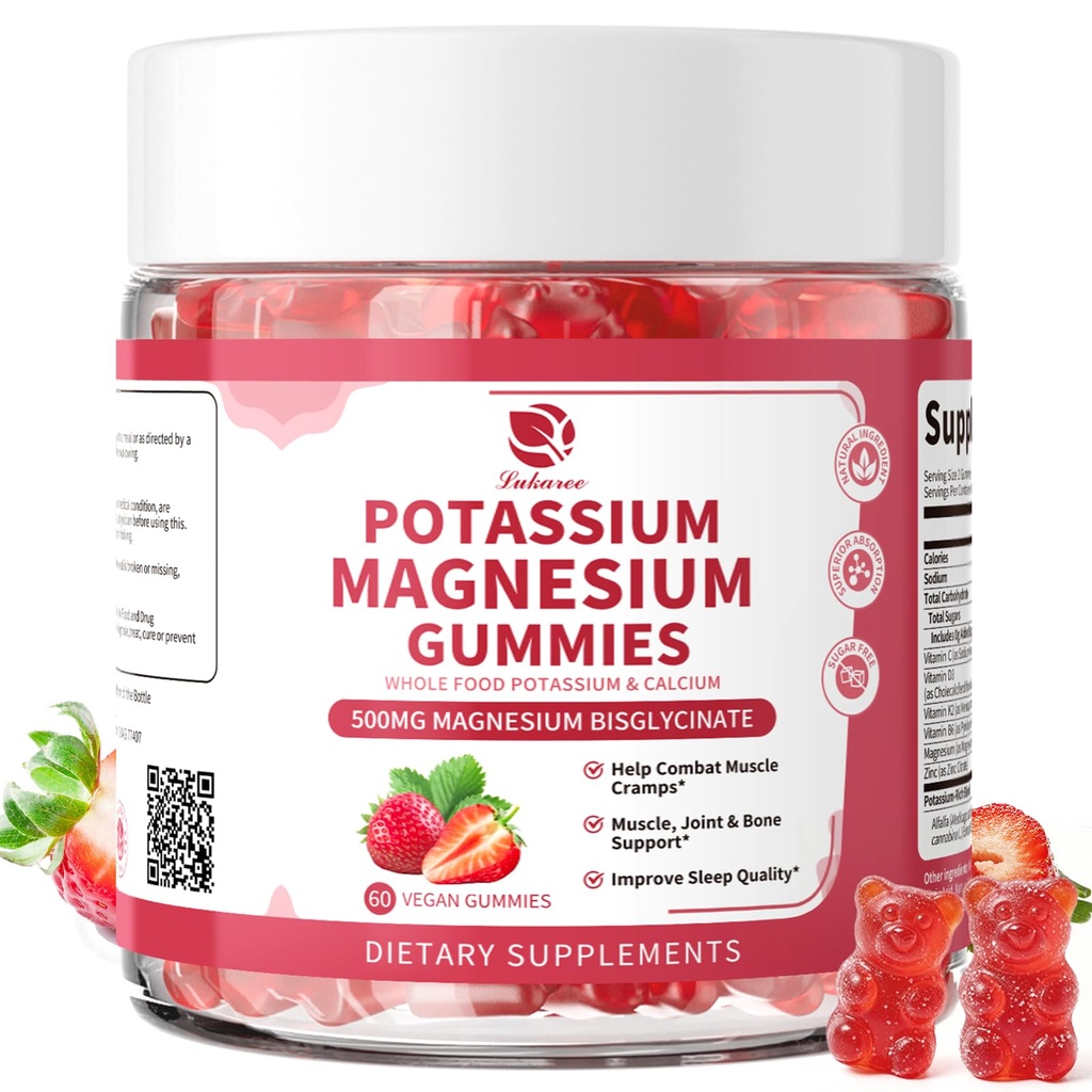 Magnesium Kalium Supplement Gummies - Nieuwe formule Kalm Magnesium Glycinate Gummies & Kalium citraat 200 mg Plus Omega 3, B6, D3, K2 & Calcium voor Zzz, Leg Cramps & Muscle - 120 Tellen
