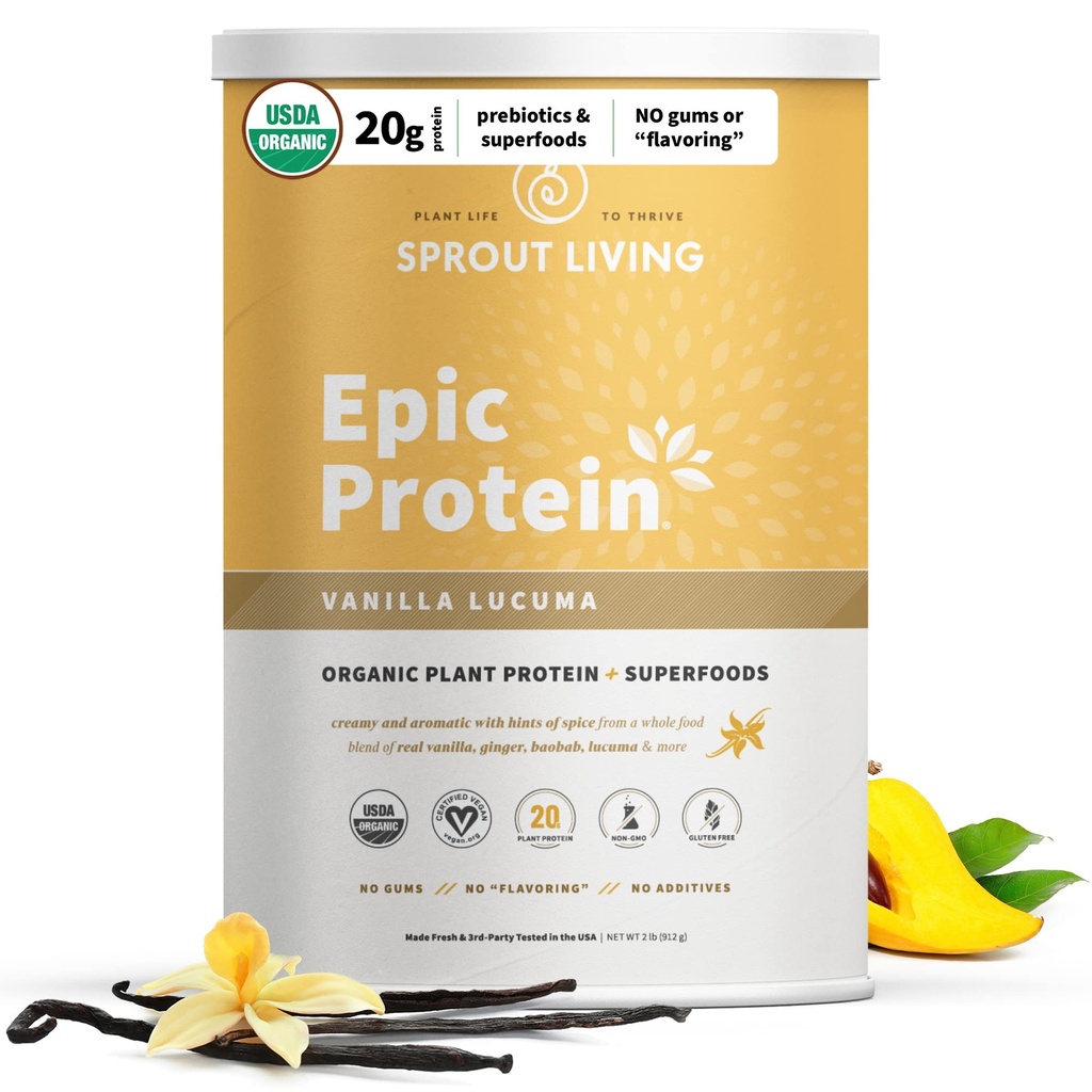 Protéines épiques vivantes, protéines végétales et superaliments en poudre, poudre de Lucuma de vanille, 20 grammes de poudre de protéines organiques, végétalien, non laitière, non-OGM, sans gluten, faible sucre (2 livres, 24 portions)
