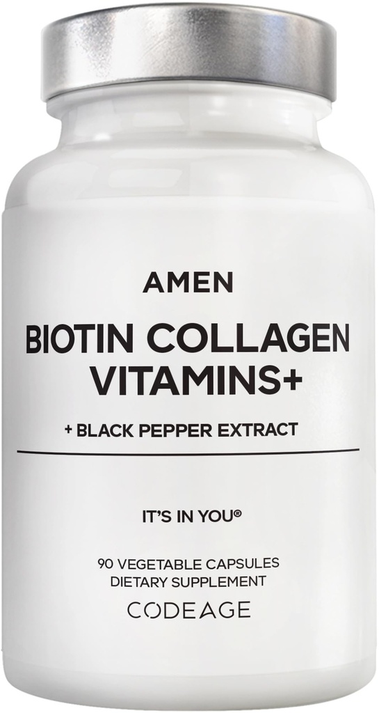 Amen Biotin Collageen Vitaminen+ 10.000 mcg Biotine Supplement - Gehydrolyseerde collageen, vitamines C & E, Folaat, Hyaluronzuur, Keratine, MSM, Saw Palmetto - 3-maand levering - Non-GMO - 90 capsules