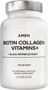 Amen Biotin Collageen Vitaminen+ 10.000 mcg Biotine Supplement - Gehydrolyseerde collageen, vitamines C & E, Folaat, Hyaluronzuur, Keratine, MSM, Saw Palmetto - 3-maand levering - Non-GMO - 90 capsules