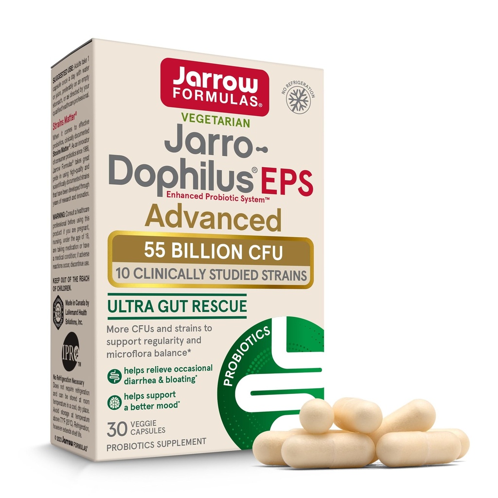 Jarrow Formules Jarro-Dophilus EPS Advanced, 55 Million CFU Probiotiques, Soutien digestif pour les adultes, 30 gélules de supplément probiotique, jusqu'à 30 jours d'approvisionnement
