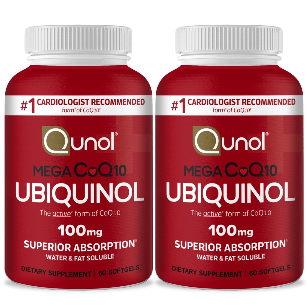 Qunol Mega Ubichinol Coq10 100mg, Superior Absorptie, Gepatenteerde Water en vet Oplosbare Natuurlijke Supplement Vorm van Co-enzym Q10, Antioxidant voor Hartgezondheid, 60 Softgels, Pack of 2