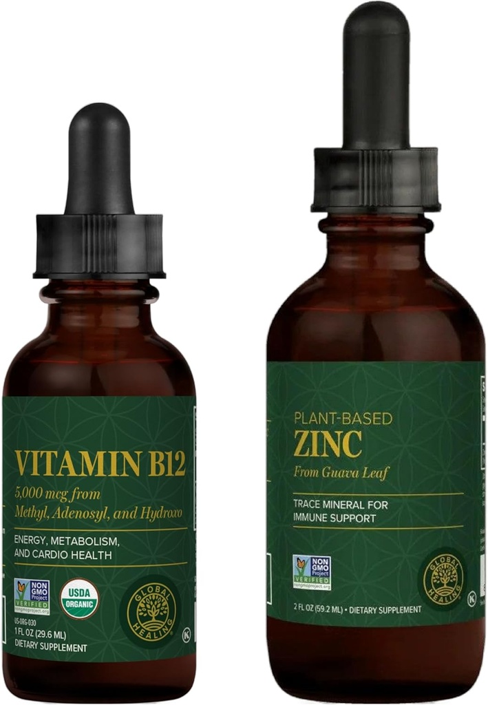Global Healing Center - Vitamine B12 en Organic Zink Liquid Supplement Kit - Lang aanhoudende energie, Immuunsysteem Boost, Hormone Balance