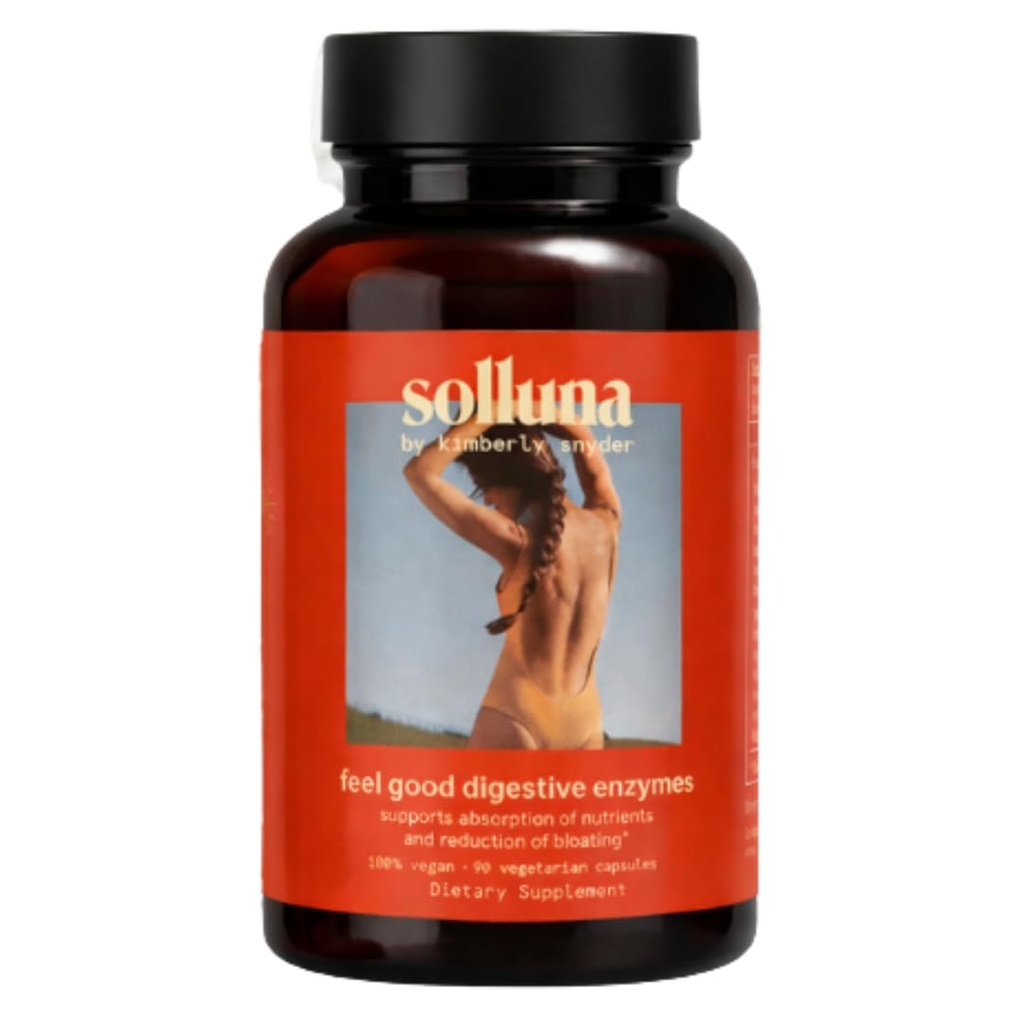 Solluna de Kimberly Snyder Enzymes digestifs Lipase, Amylase, Protease, Alpha-Galactosidase, Cellulase pour la santé digestive, Absorption nutritive, Douleurs estomac, Gaz et Bloatation (90CT) Vegan et non-OGM