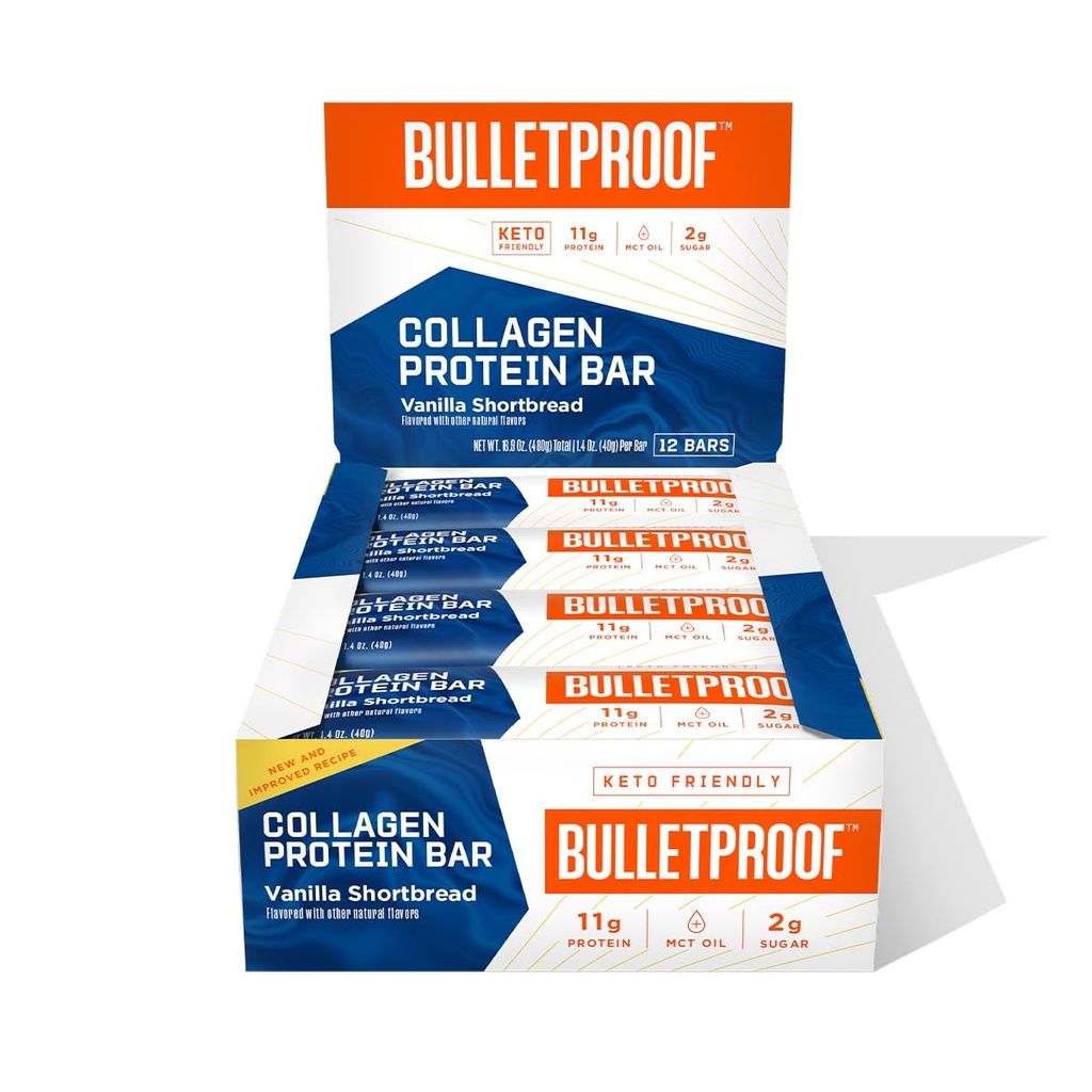 Kogelvrij Vanille Shortbread Collageen Protein Bars, Verpakking van 12, Keto-Friendly Snack met MCT olie, 2g Sugar, Geen toegevoegde suiker, Grass-Fed Collageen