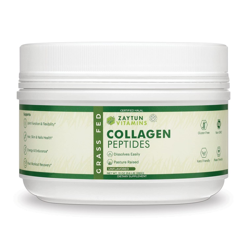 Zaytun Halal Collagen Peptides Poudre, Hydrolysé Type I et III Collagène, Supports Joint, Os, Muscles, Cheveux, Peau, & Nails, Keto Friendly, Grass-Fed, 10 oz, Fabriqué aux États-Unis, Certifié Halal