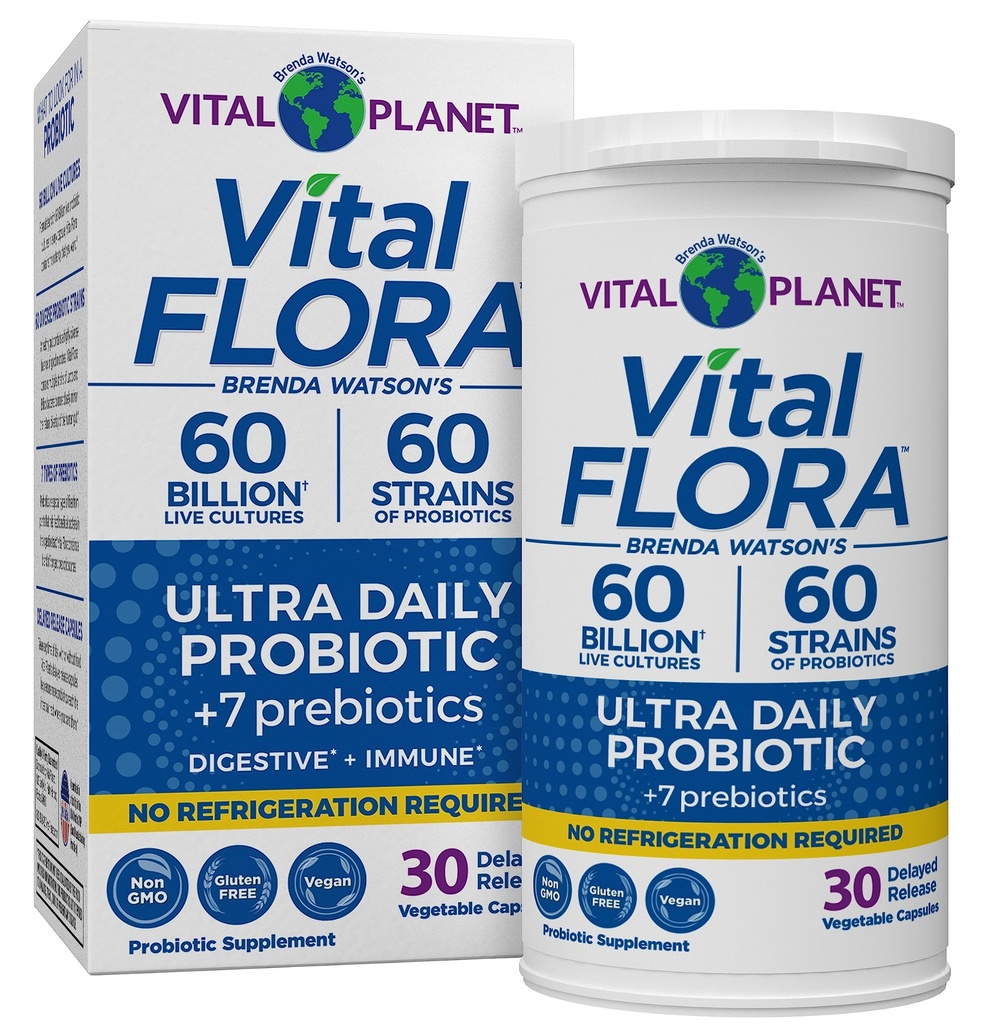 Vital Planet - Vital Flora Ultra Daily Probiotic 60 Million CFU, 60 souches diverses, 7 prébiotiques organiques, soutien immunitaire, digestive du plateau de santé Probiotiques stables pour les femmes et les hommes 30 capsules