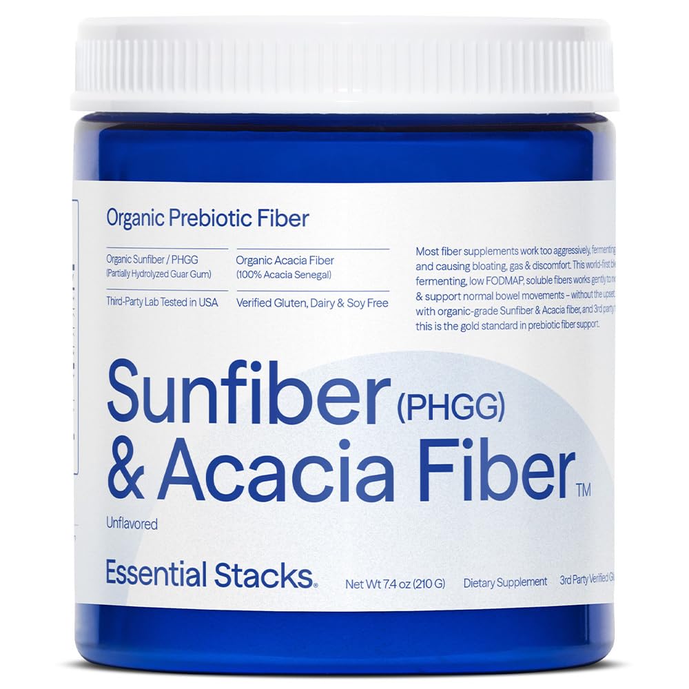Essentiële Stacks Biologische Sunfiber Prebiotic Fiber (Partiaal Gehydrolyseerde Guar Gum/PHGGG) met Acacia Fiber Powder - Glutenvrije, niet-GMO & Unflavored Oplosbare Vezel (7.4 oz)