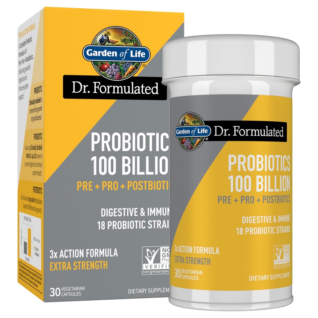 Garden of Life Dr. Formulated Pre, Post & Probiotics 100 miljard CFU Eenmaal daags 3-in-1 Complete Probiotica, Prebiotica & Postbiotica Supplement voor vrouwen en mannen Extra sterkte, 30 dagen levering