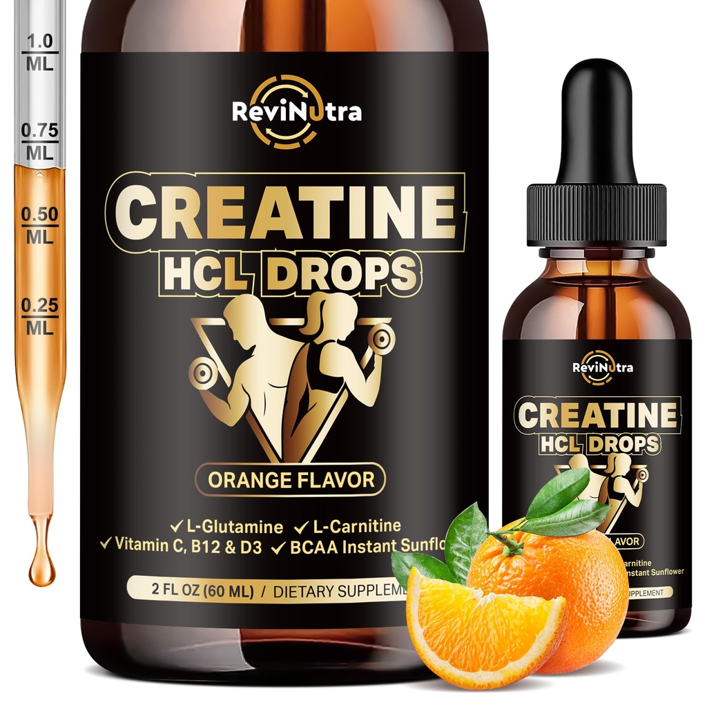 Creatine HCL Liquid Drops voor mannen & vrouwen, 1500mg Liquid Creatine Hydrodide, Hoge Absorptie, 2 Fl Oz Orange Flavor