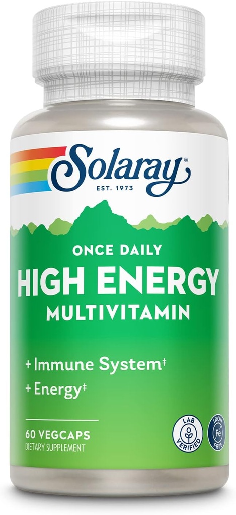 SOLARAY Eenmaal daags Hoge Energie Multivitamine, IJzervrij, Immuunsysteem en Energie Ondersteuning, Gehele Voedsel en Kruidenbasis Ingrediënten, Mannen en Vrouwen Multi Vitamine, 60 Servers, 60 VegCaps